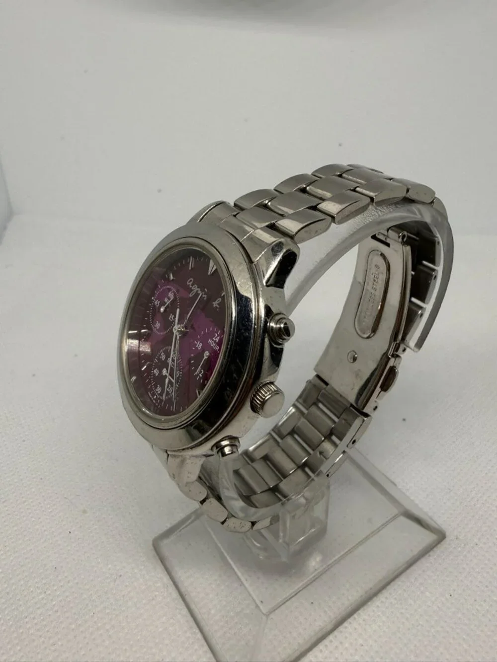 Agnès b. Chronograph Watch Magenta World Map Dial Stainless Steel Band V654-6100